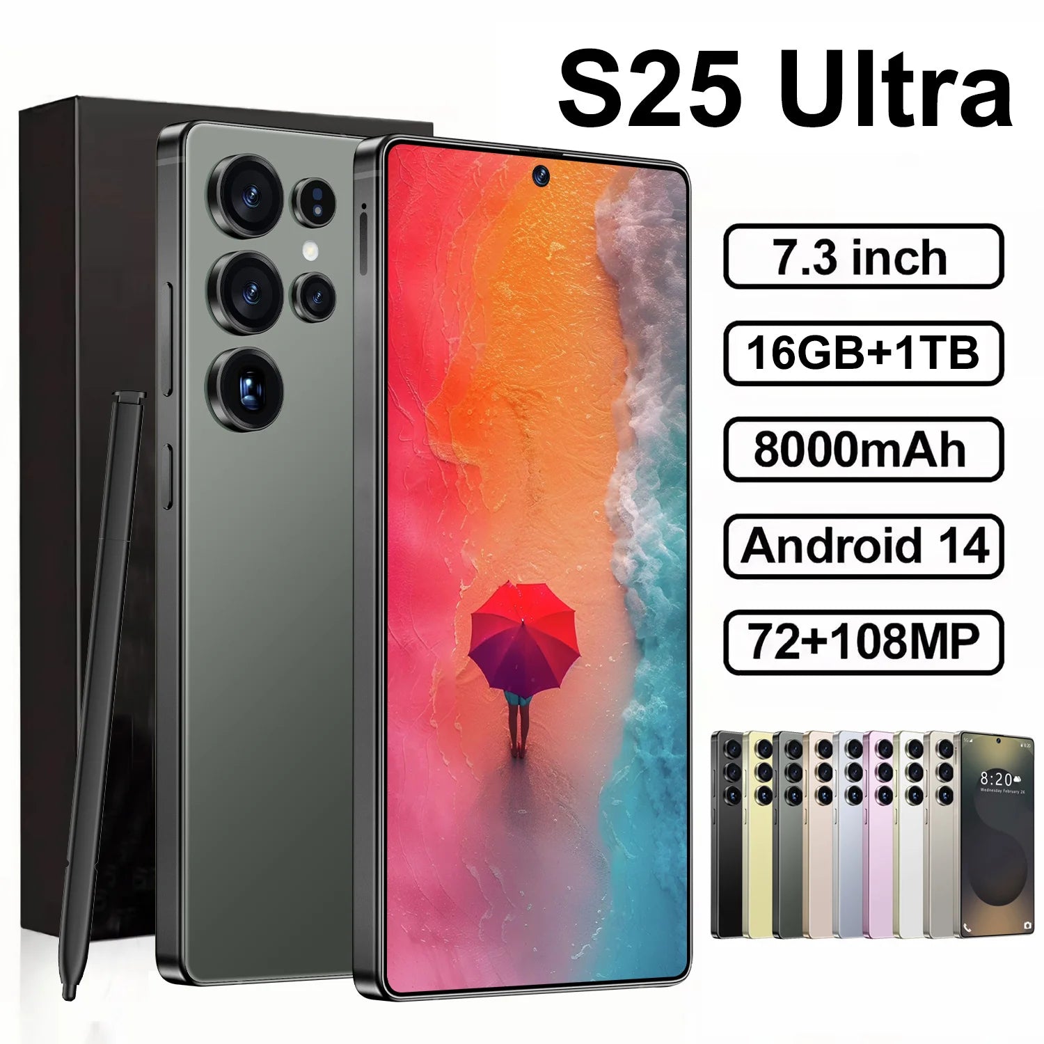 2025 Online Retailer Ultra Original Unlock 7.3 Inch 12GB+512GB Android 5G Smartphone S25 S-Pen 4G 5G WIFI Mobile Phones 8000mAh
