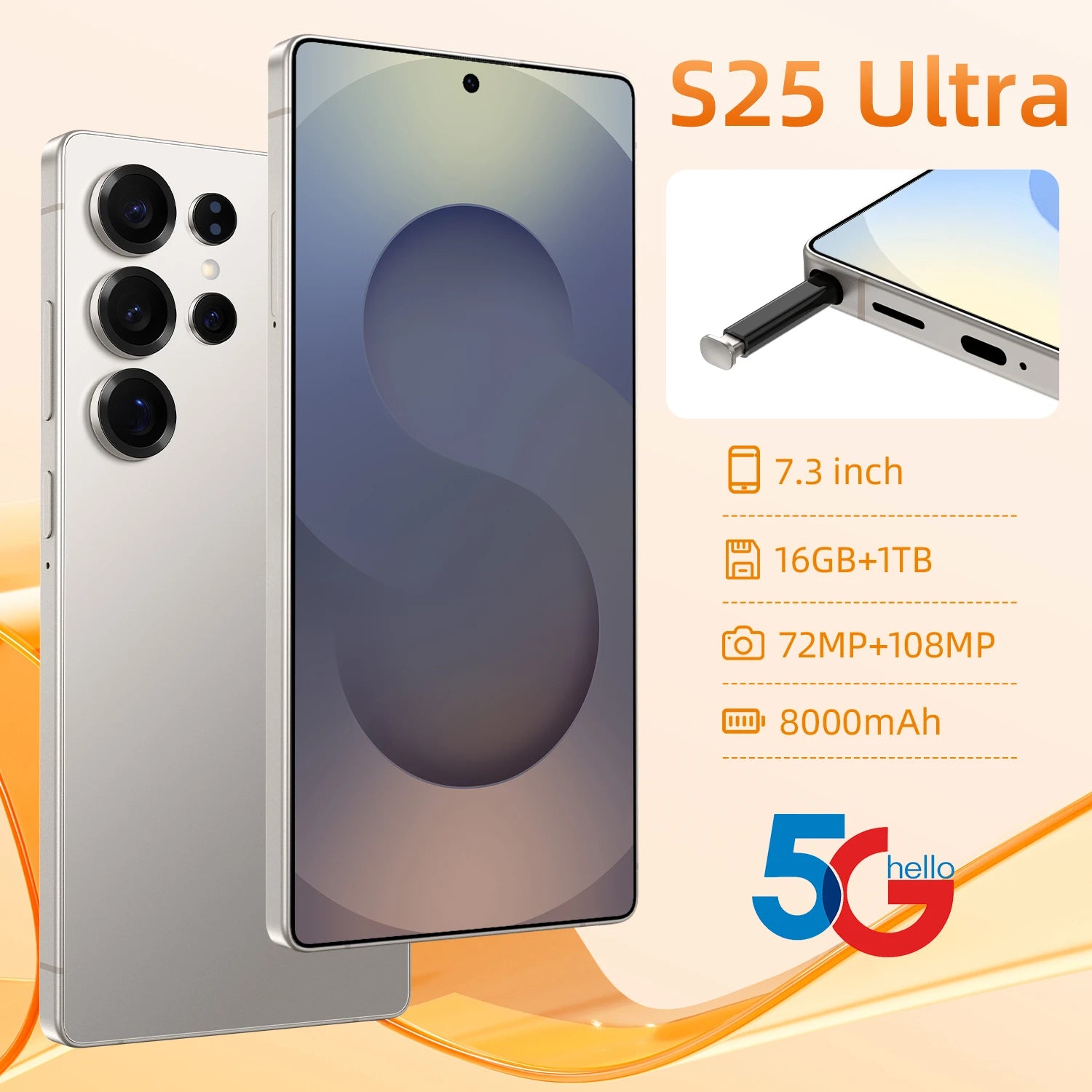 2025 Online Retailer S25 Ultra Original Unlock 7.3 Inch 12GB+512GB Android 5G Smartphone 8000mAh S-Pen 4G 5G WIFI Mobile Phones