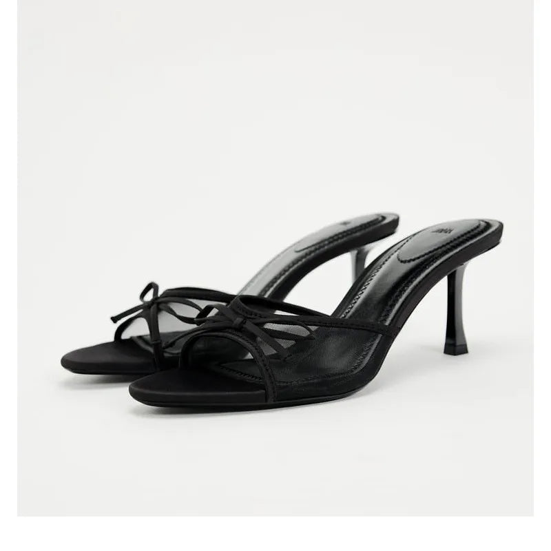 Heel Slippers Lace Mesh Bow Luxury
