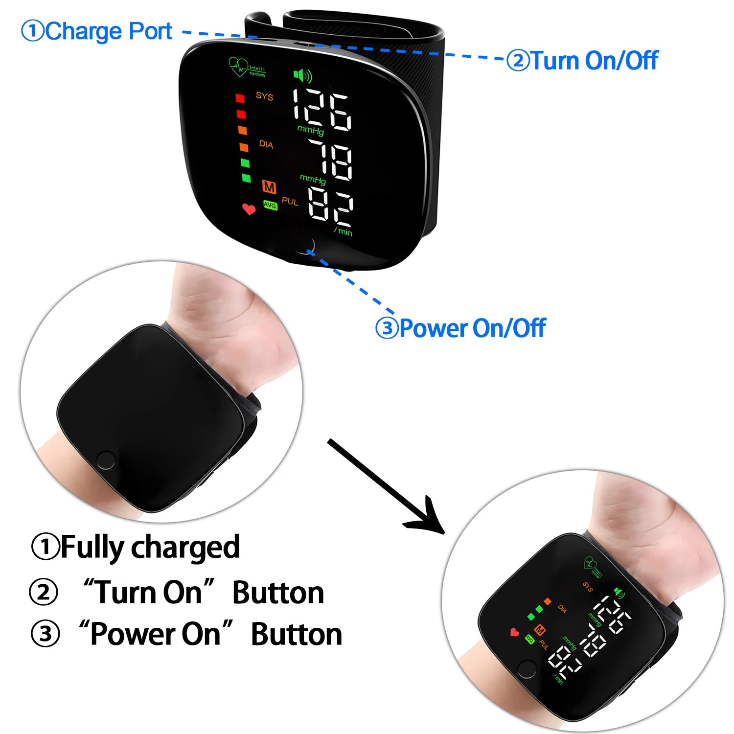 LED Wrist Blood Pressure Monitor Rechargeable English Voice