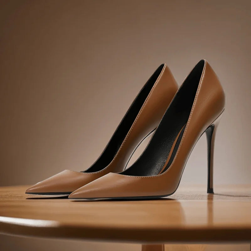 thin heels matte brown leather