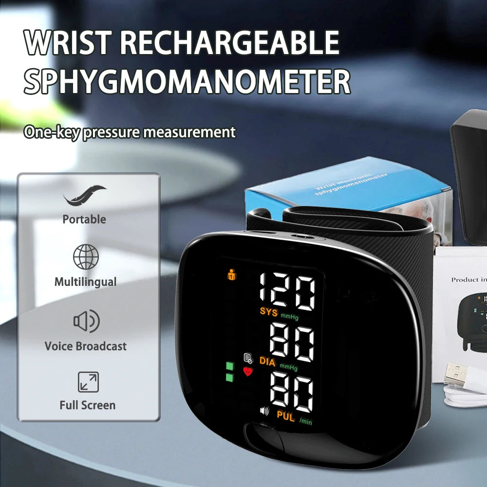 Digital Wrist Blood Pressure Meter Automatic Voice Tonometer