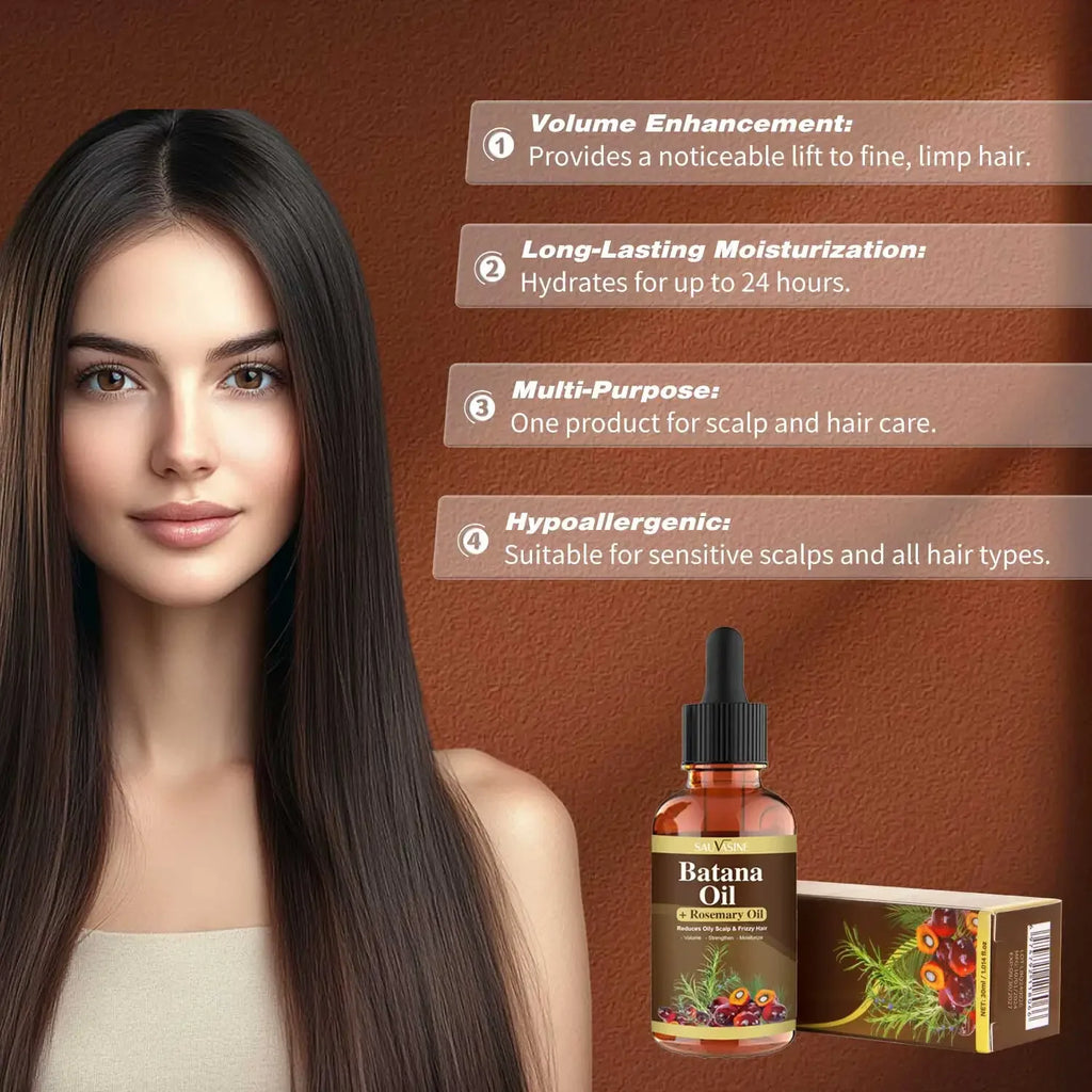 Woman with long hair next to Batana Oil bottle and box on a brown background