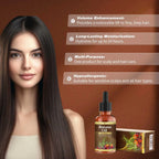 Woman with long hair next to Batana Oil bottle and box on a brown background