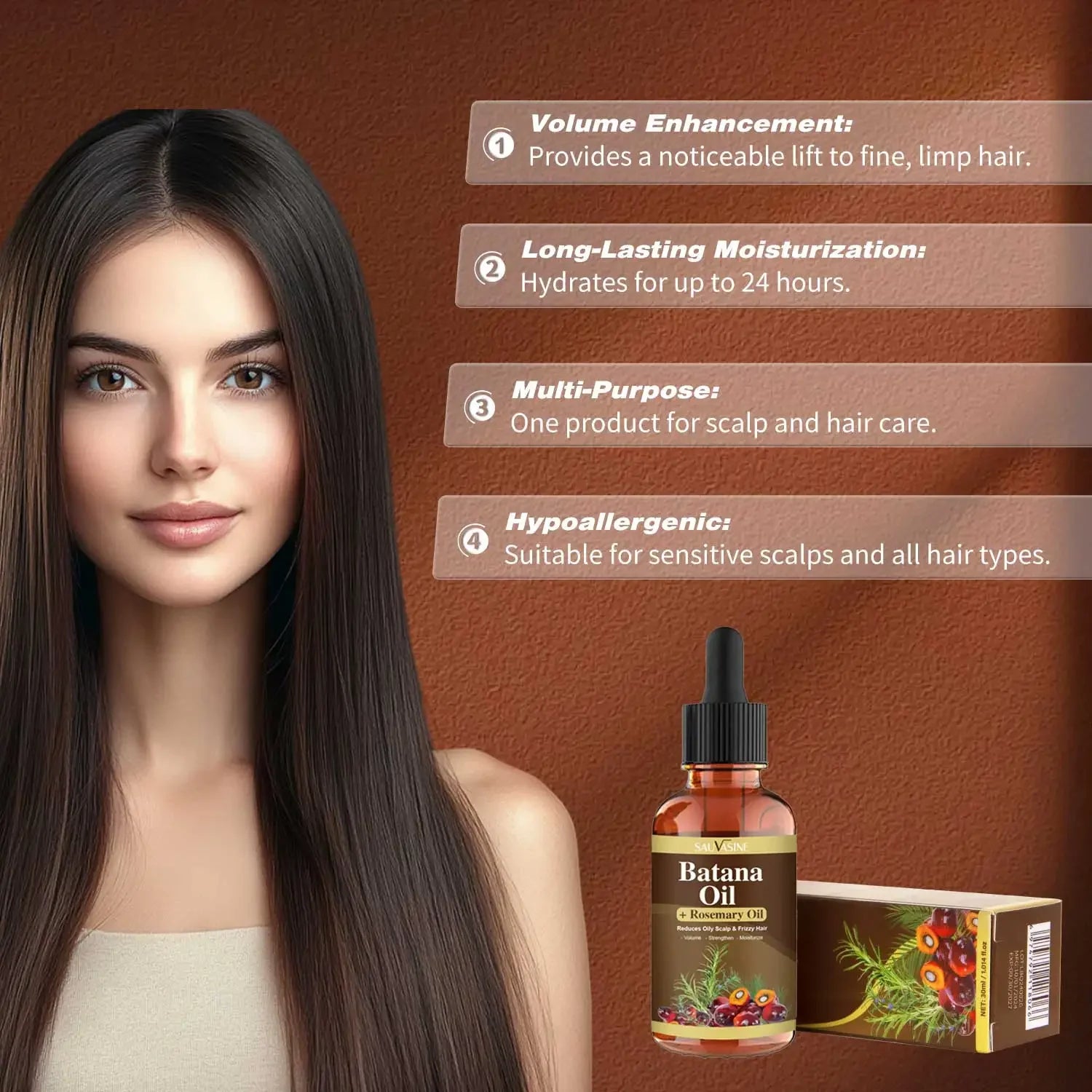 Woman with long hair next to Batana Oil bottle and box on a brown background