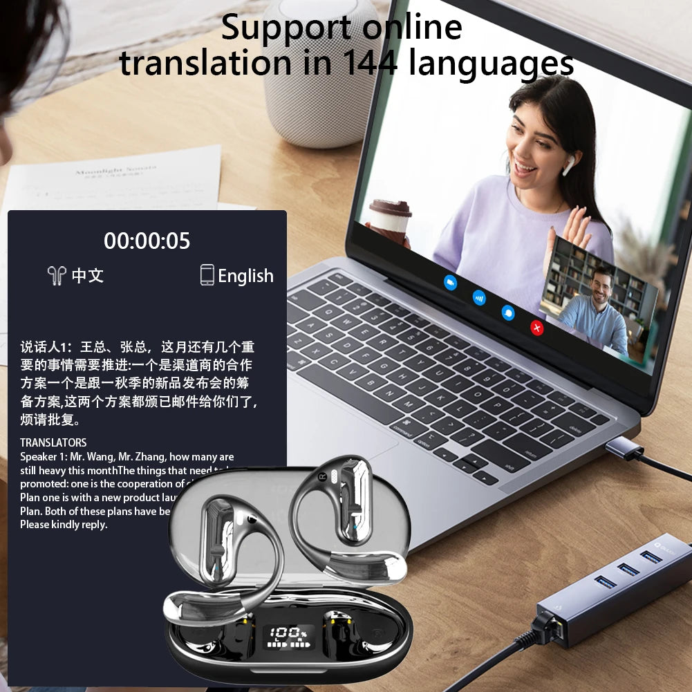144 Languages AI Translator Earbuds BT5.3 Real-Time Translation Earphones Noise Cancelling Stereo Earhook Sports Headphone