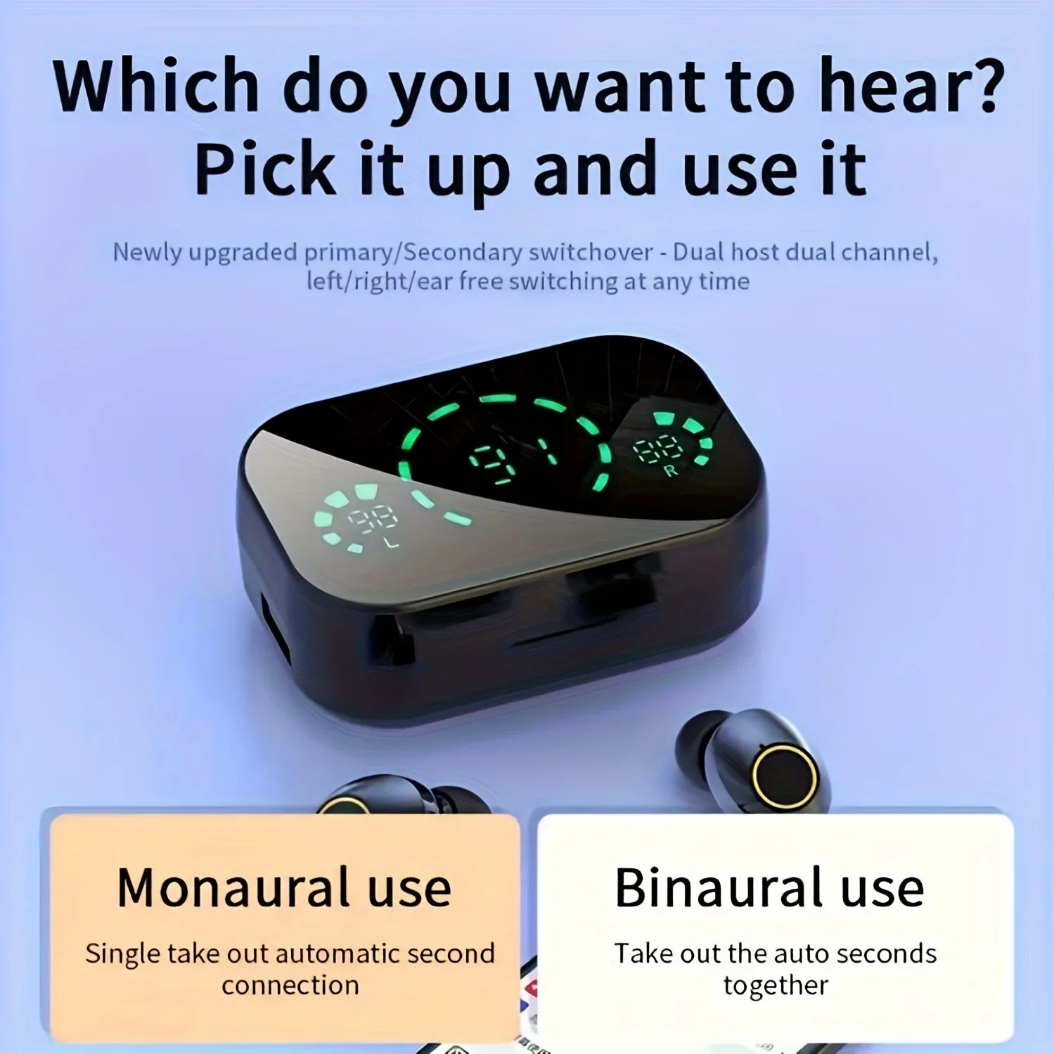 Wireless earphones with mirrored LED display, touch control,stereo in ear wireless earphones, suitable for IOS and Android