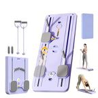 Purple wall-mounted fitness station with various exercise tools on a white background