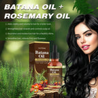 Batana Oil with Rosemary Oil packaging and a woman with long hair against a natural background.