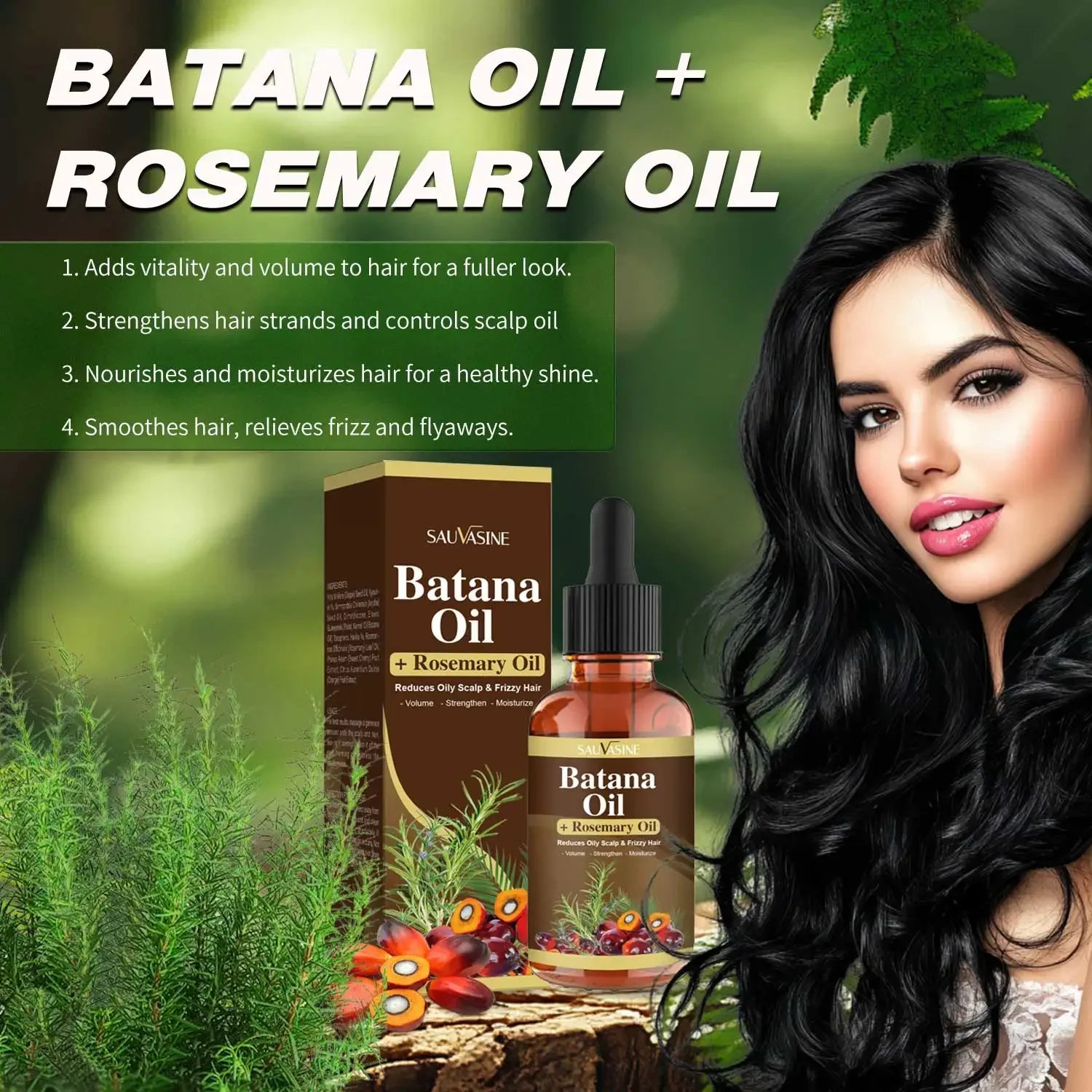 Batana Oil with Rosemary Oil packaging and a woman with long hair against a natural background.