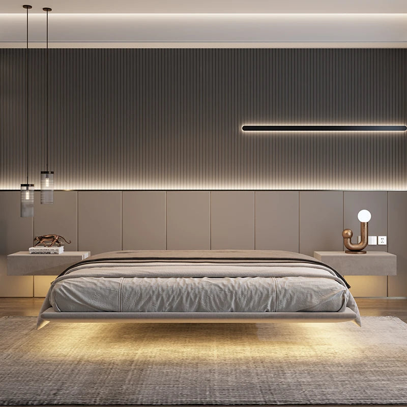 king size bedroom Suspended bed headboard twin wooden Technology cloth twin Double bed frames lamp cama matrimonial furniture