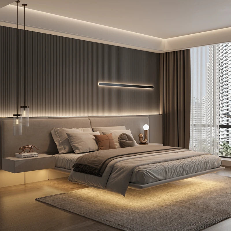 king size bedroom Suspended bed headboard twin wooden Technology cloth twin Double bed frames lamp cama matrimonial furniture
