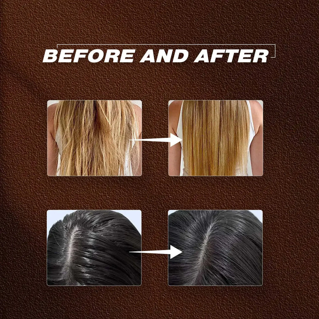 Before and after hair color transformation on a brown background