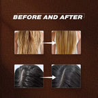 Before and after hair color transformation on a brown background
