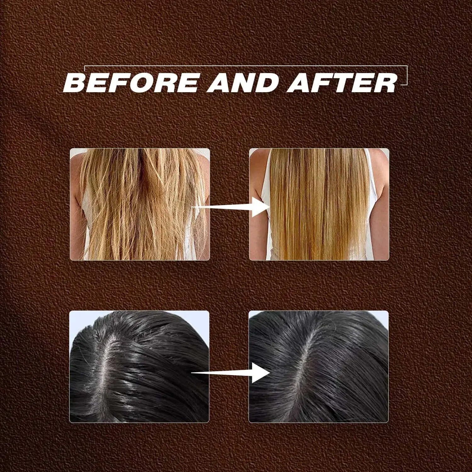 Before and after hair color transformation on a brown background
