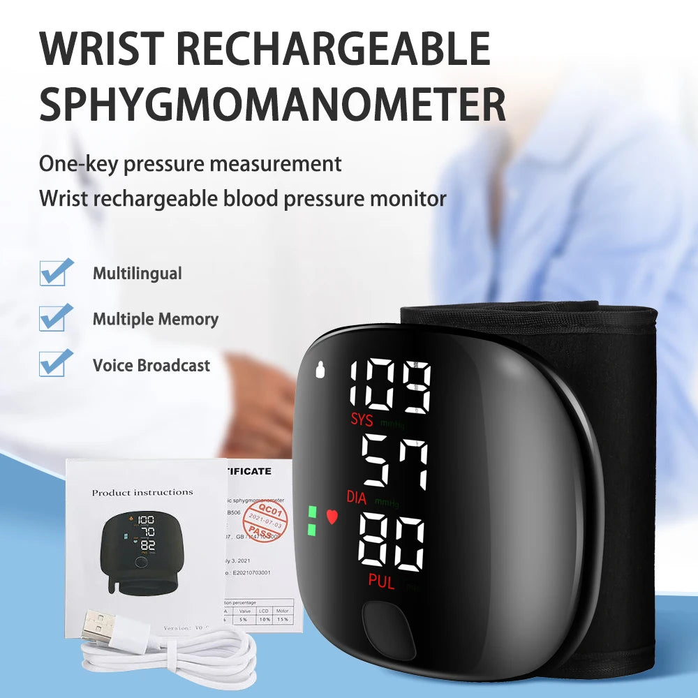 Digital Wrist Blood Pressure Meter Automatic Voice Tonometer