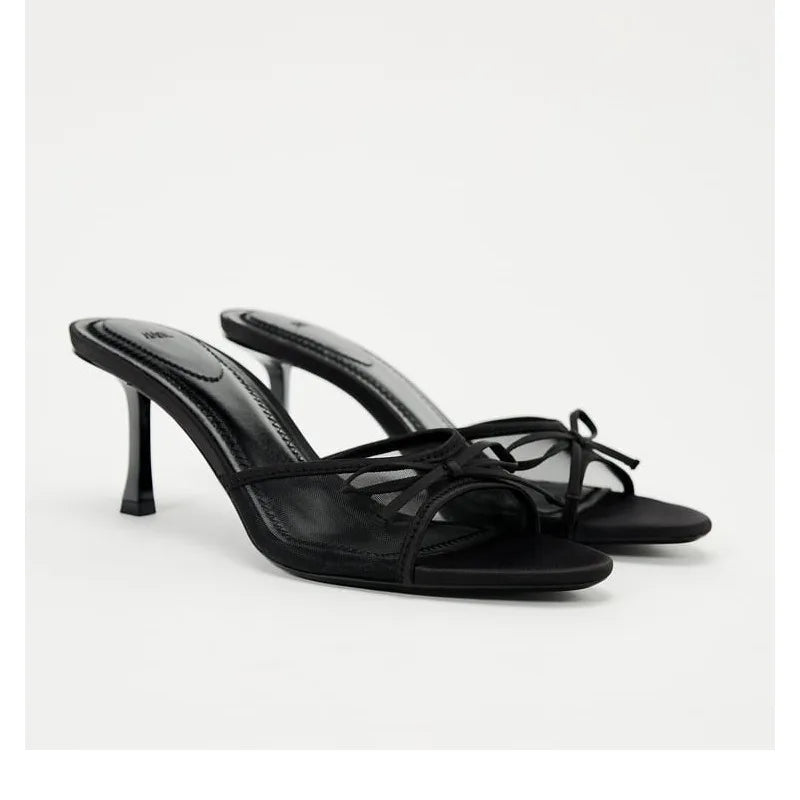 Heel Slippers Lace Mesh Bow Luxury