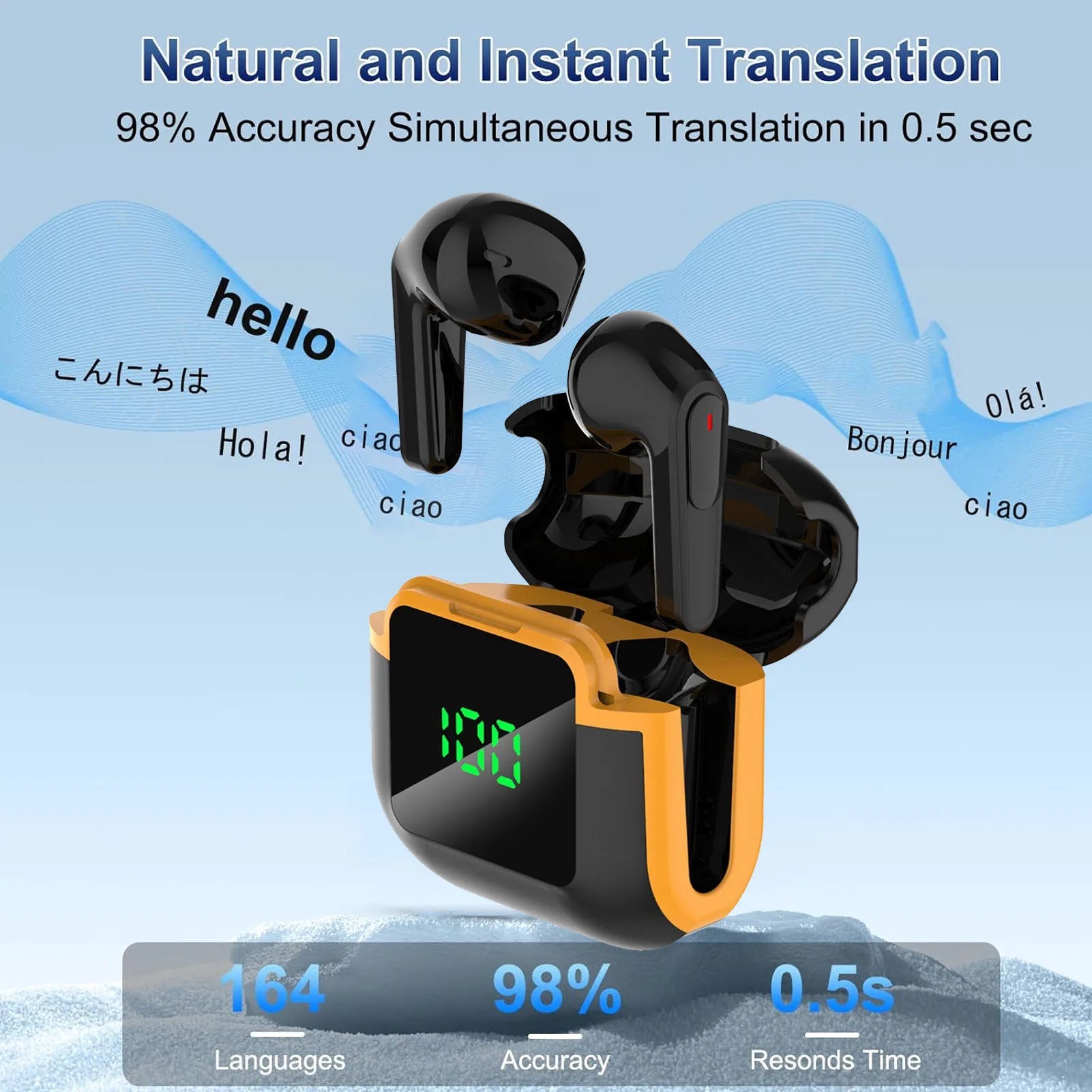 164 Language Translator Earbuds Clear Sound AI Translation Earbuds Multi Functional Low Latency Ergonomic for Business Travel