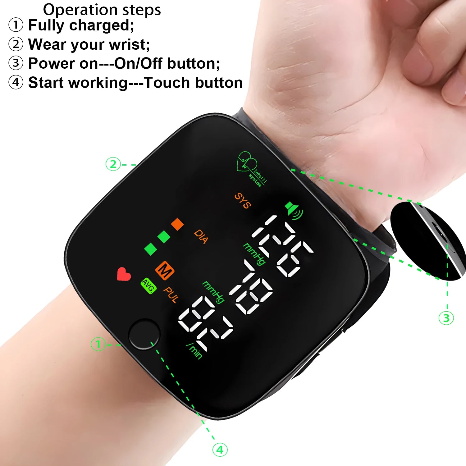 LED Wrist Blood Pressure Monitor Rechargeable English Voice