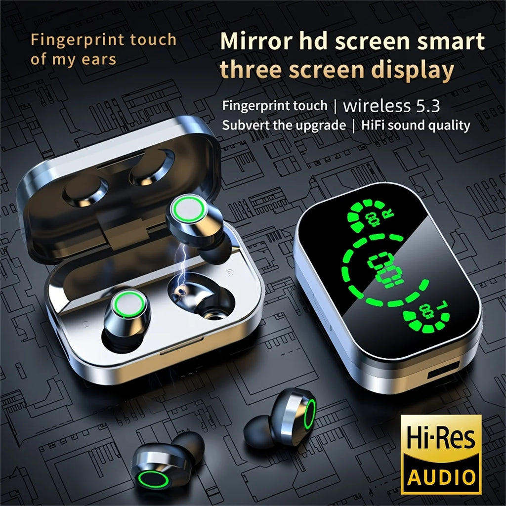 Wireless earphones with mirrored LED display, touch control,stereo in ear wireless earphones, suitable for IOS and Android