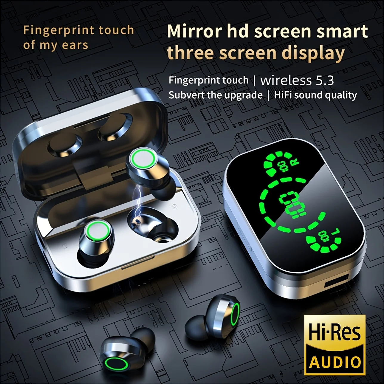 Wireless earphones with mirrored LED display, touch control,stereo in ear wireless earphones, suitable for IOS and Android