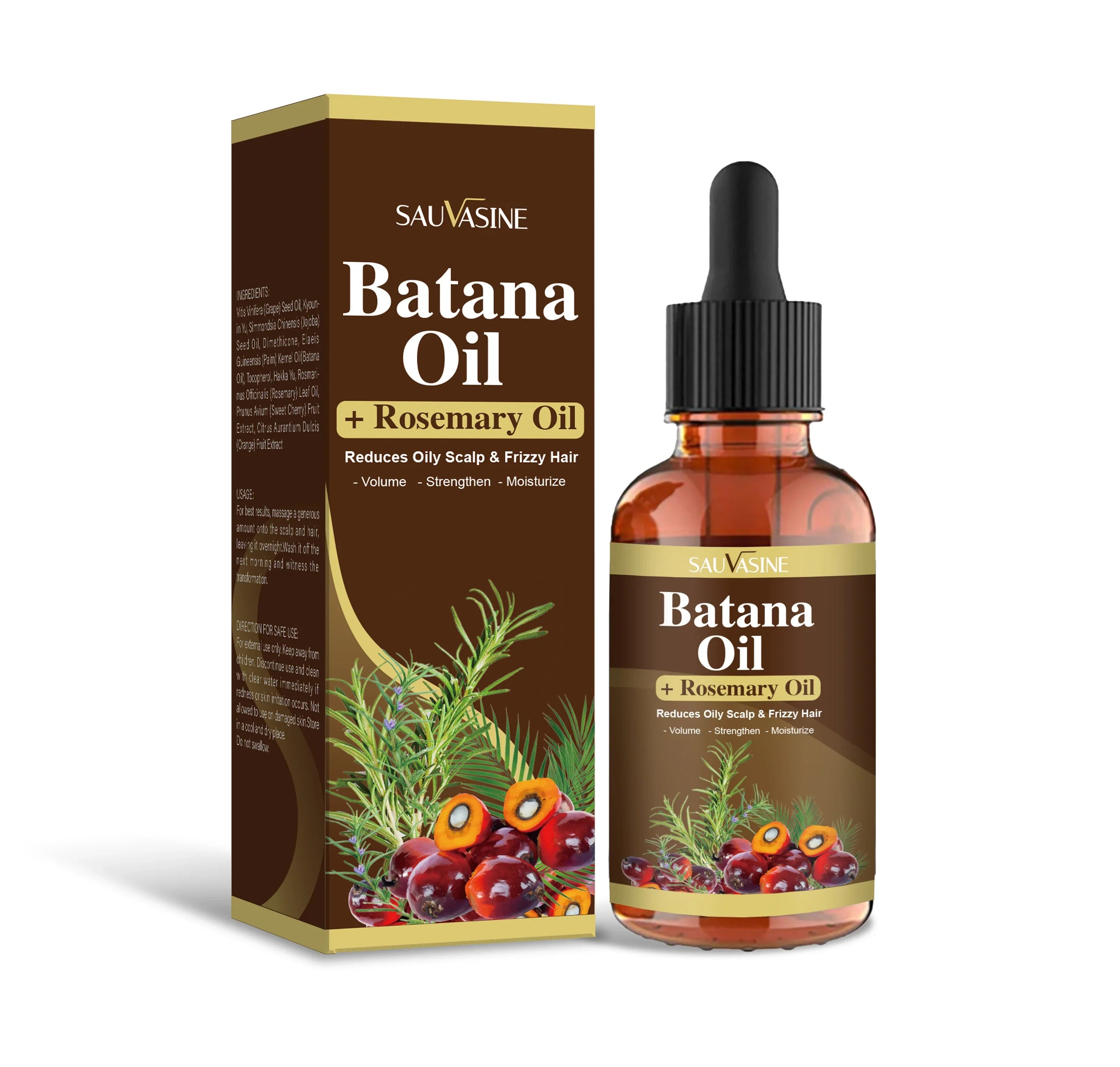 Batana Oil with Rosemary Oil packaging and bottle on a white background