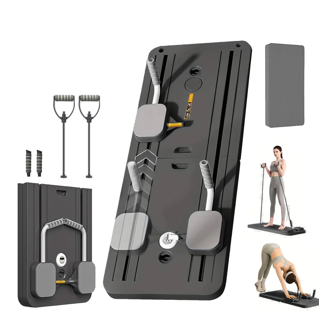 Black exercise platform with attachments and usage examples on a white background